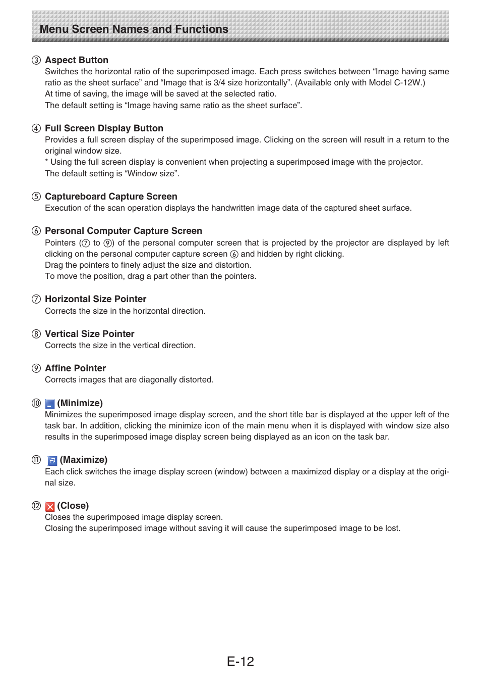 E-12, Menu screen names and functions | Konica Minolta magicolor plus User Manual | Page 12 / 32