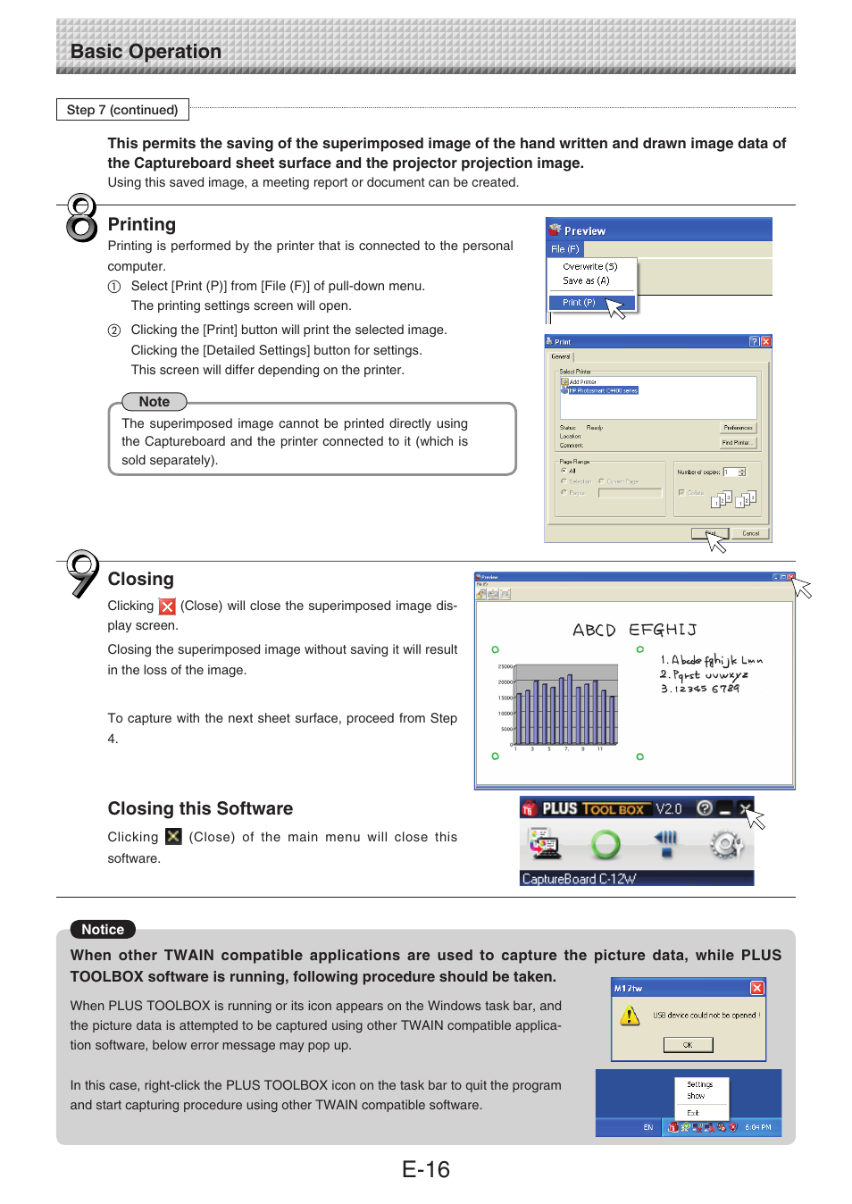 E-16, Basic operation, Printing | Closing, Closing this software | Konica Minolta magicolor plus User Manual | Page 16 / 32