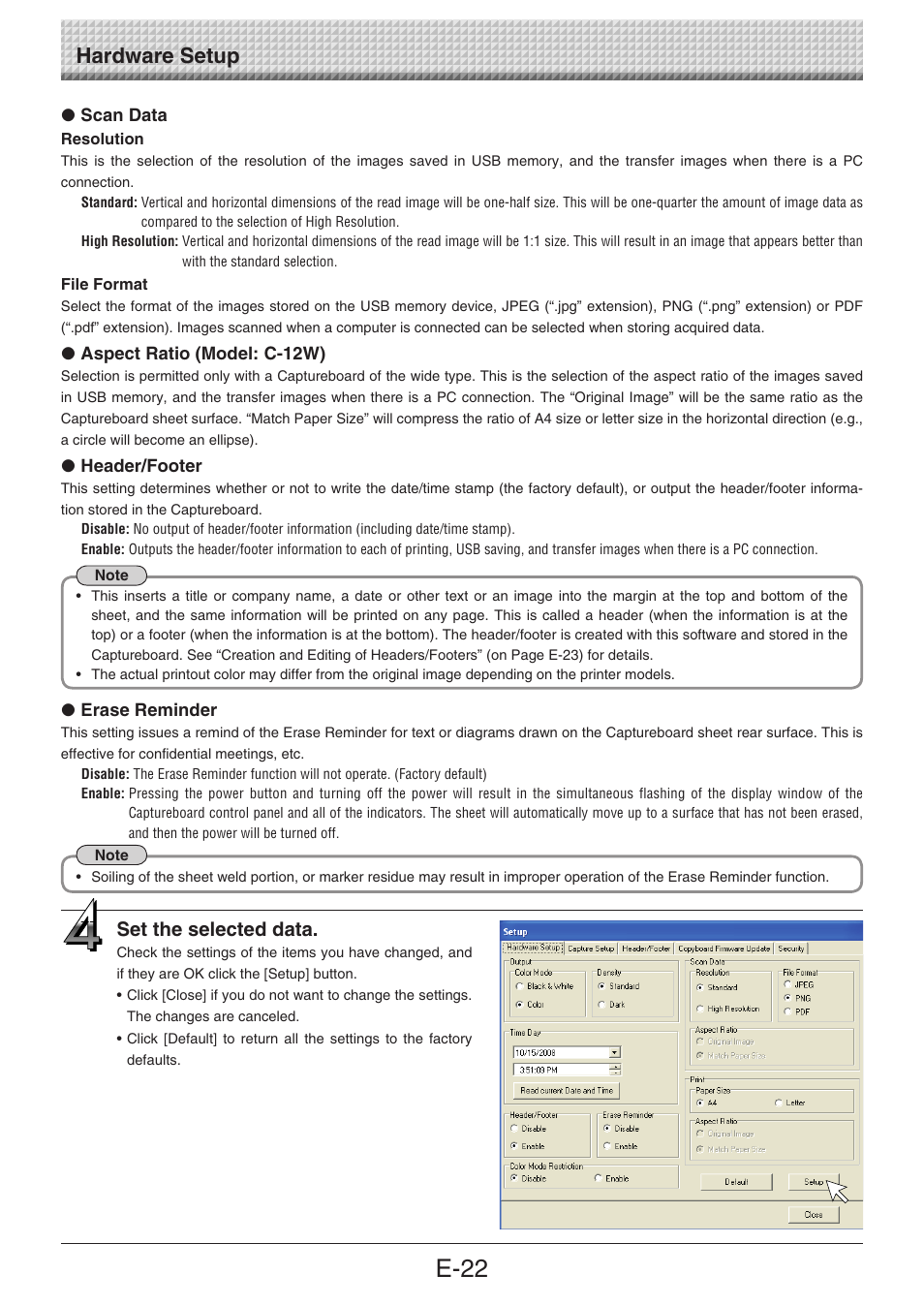 E-22, Hardware setup, Set the selected data | Konica Minolta magicolor plus User Manual | Page 22 / 32
