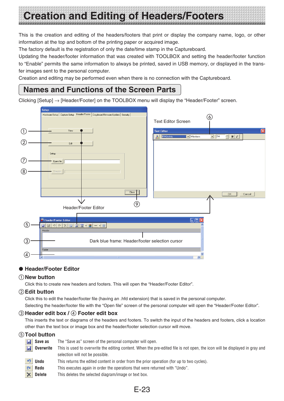 Creation and editing of headers/footers, Names and functions of the screen parts, E-23 | Konica Minolta magicolor plus User Manual | Page 23 / 32