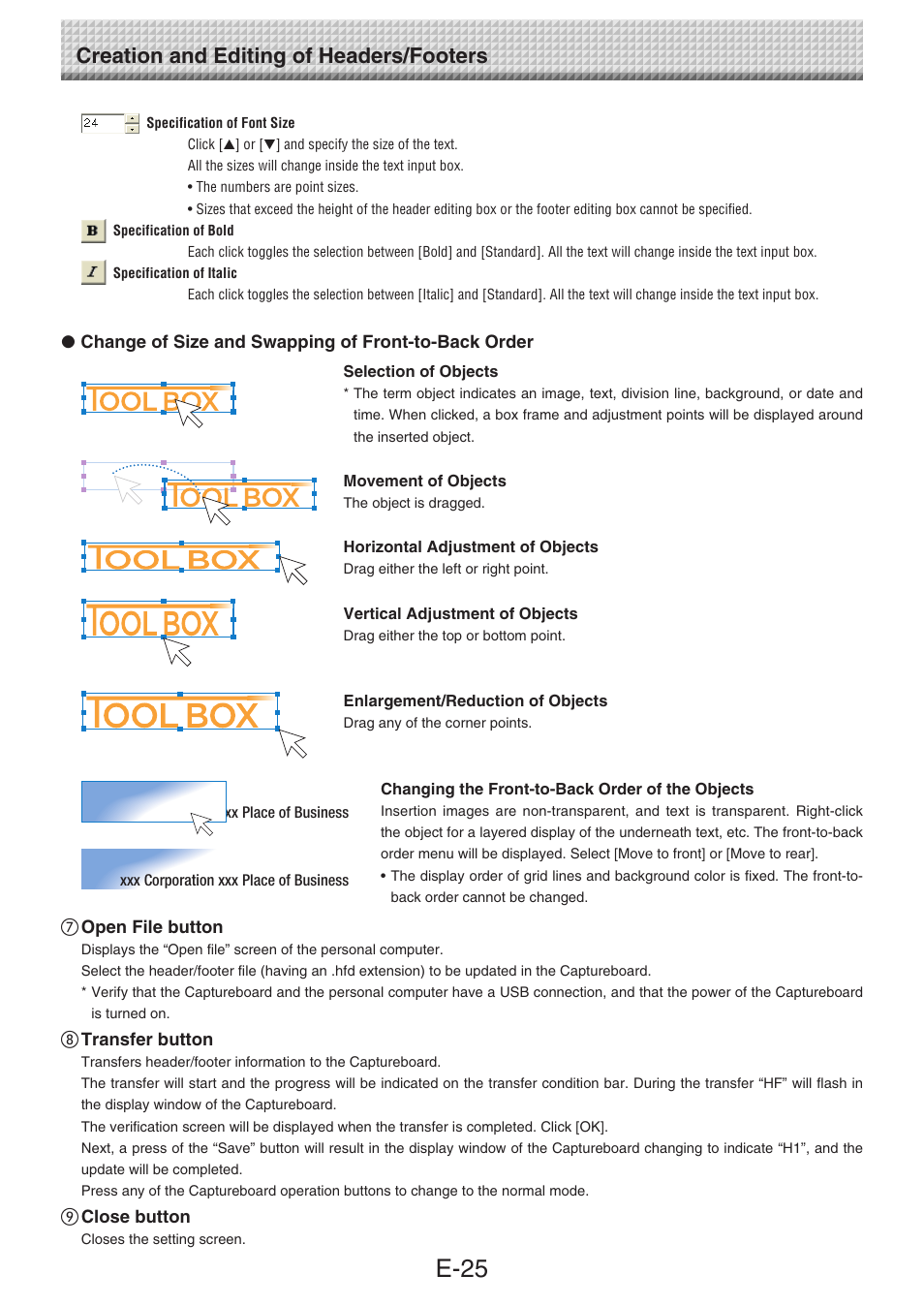 E-25, Creation and editing of headers/footers | Konica Minolta magicolor plus User Manual | Page 25 / 32