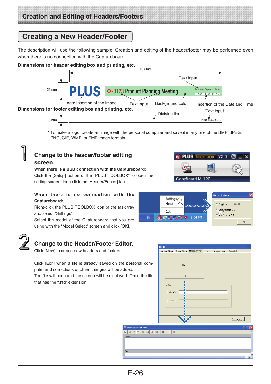 Creating a new header/footer, E-26, Creation and editing of headers/footers | Xx-0123 product planning meeting, Change to the header/footer editing screen, Change to the header/footer editor | Konica Minolta magicolor plus User Manual | Page 26 / 32