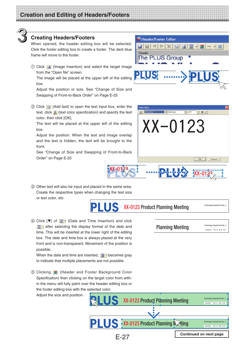 E-27, Xx-0123, Xx-0123 product planning meeting | Planning meeting, Creating headers/footers | Konica Minolta magicolor plus User Manual | Page 27 / 32