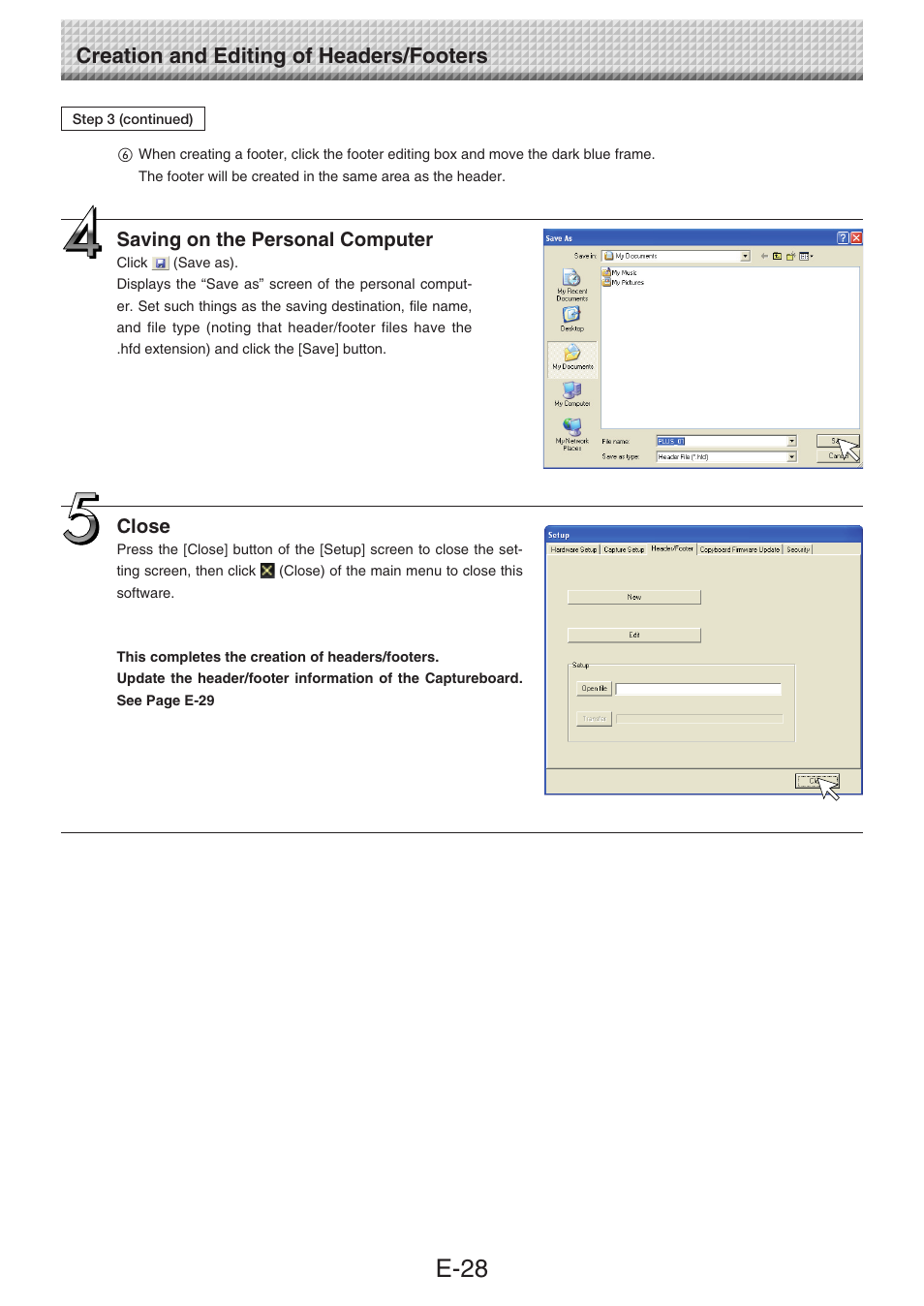 E-28, Creation and editing of headers/footers, Saving on the personal computer | Close | Konica Minolta magicolor plus User Manual | Page 28 / 32