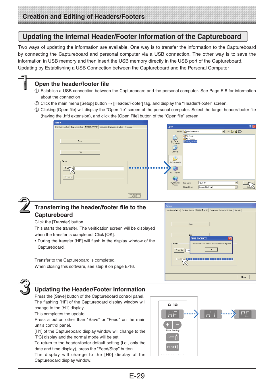 E-29, Creation and editing of headers/footers, Updating the header/footer information | Open the header/footer file | Konica Minolta magicolor plus User Manual | Page 29 / 32