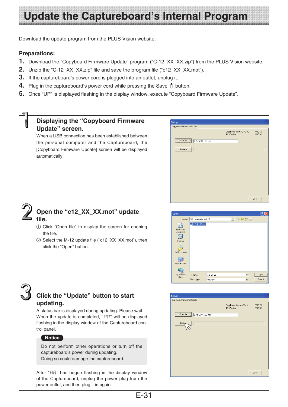 Update the captureboard’s internal program, E-31 | Konica Minolta magicolor plus User Manual | Page 31 / 32