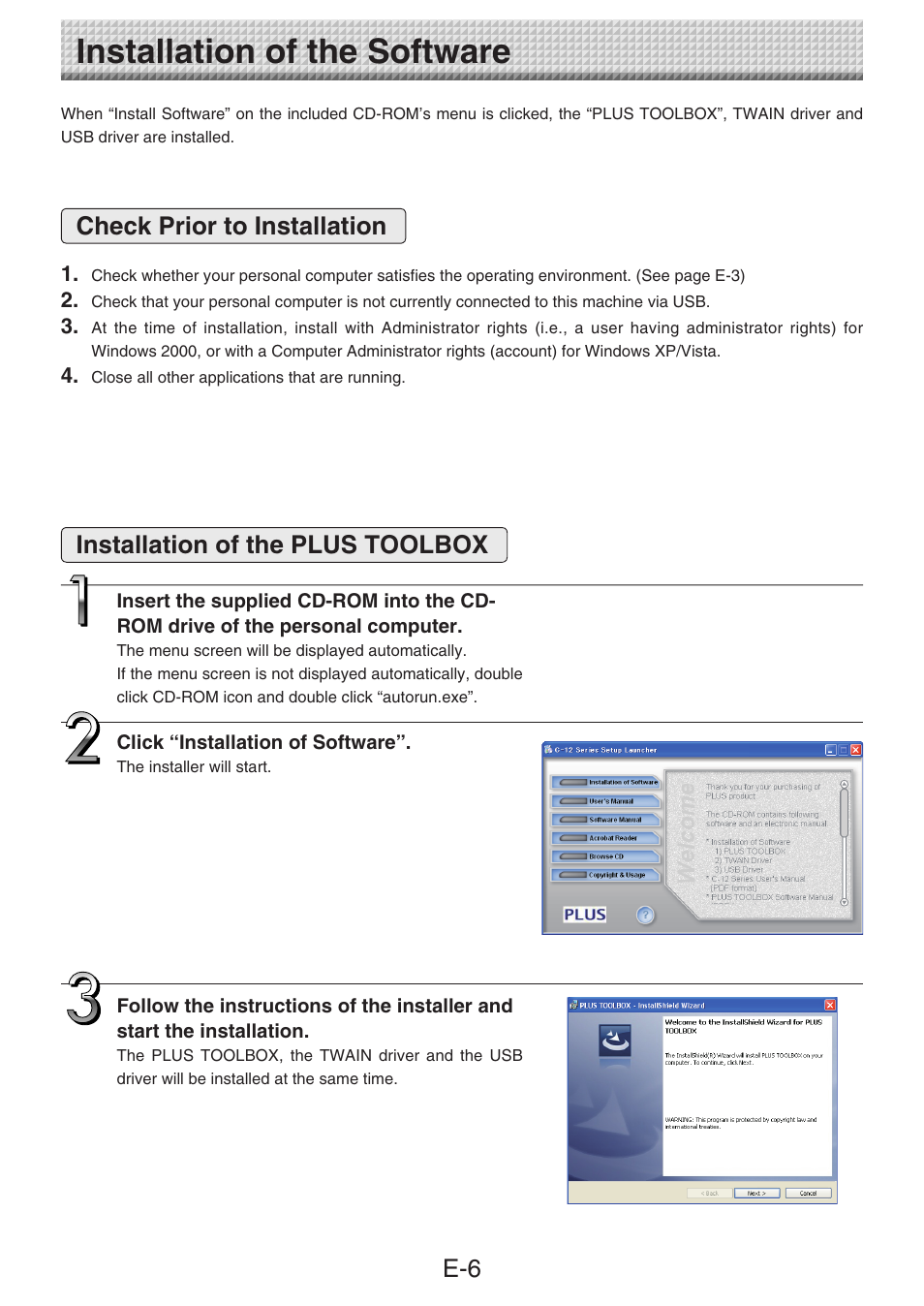 Installation of the software, Check prior to installation, Installation of the plus toolbox | Konica Minolta magicolor plus User Manual | Page 6 / 32