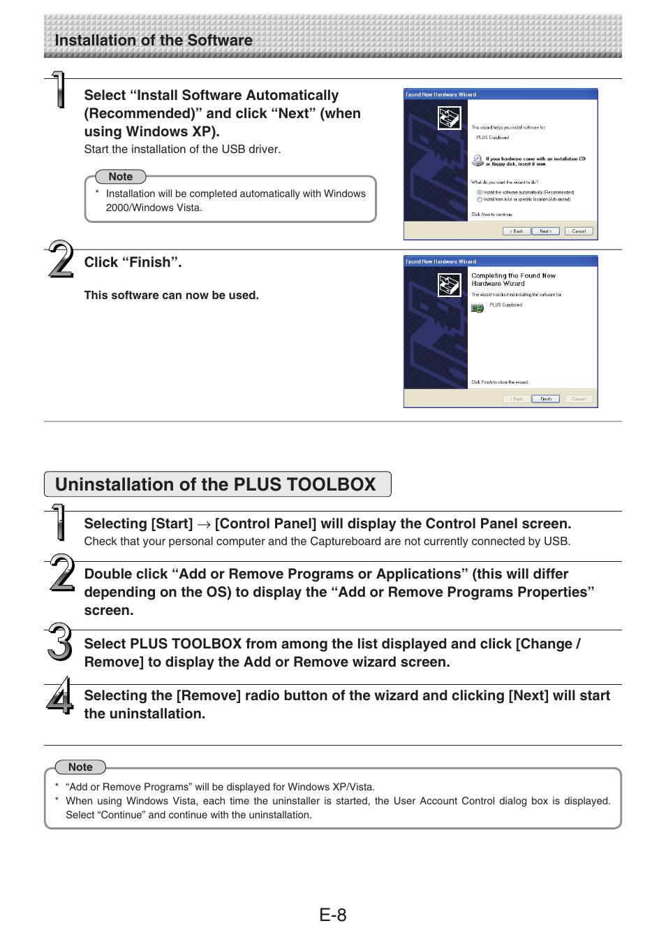 Uninstallation of the plus toolbox, E-8 uninstallation of the plus toolbox, Installation of the software | Konica Minolta magicolor plus User Manual | Page 8 / 32