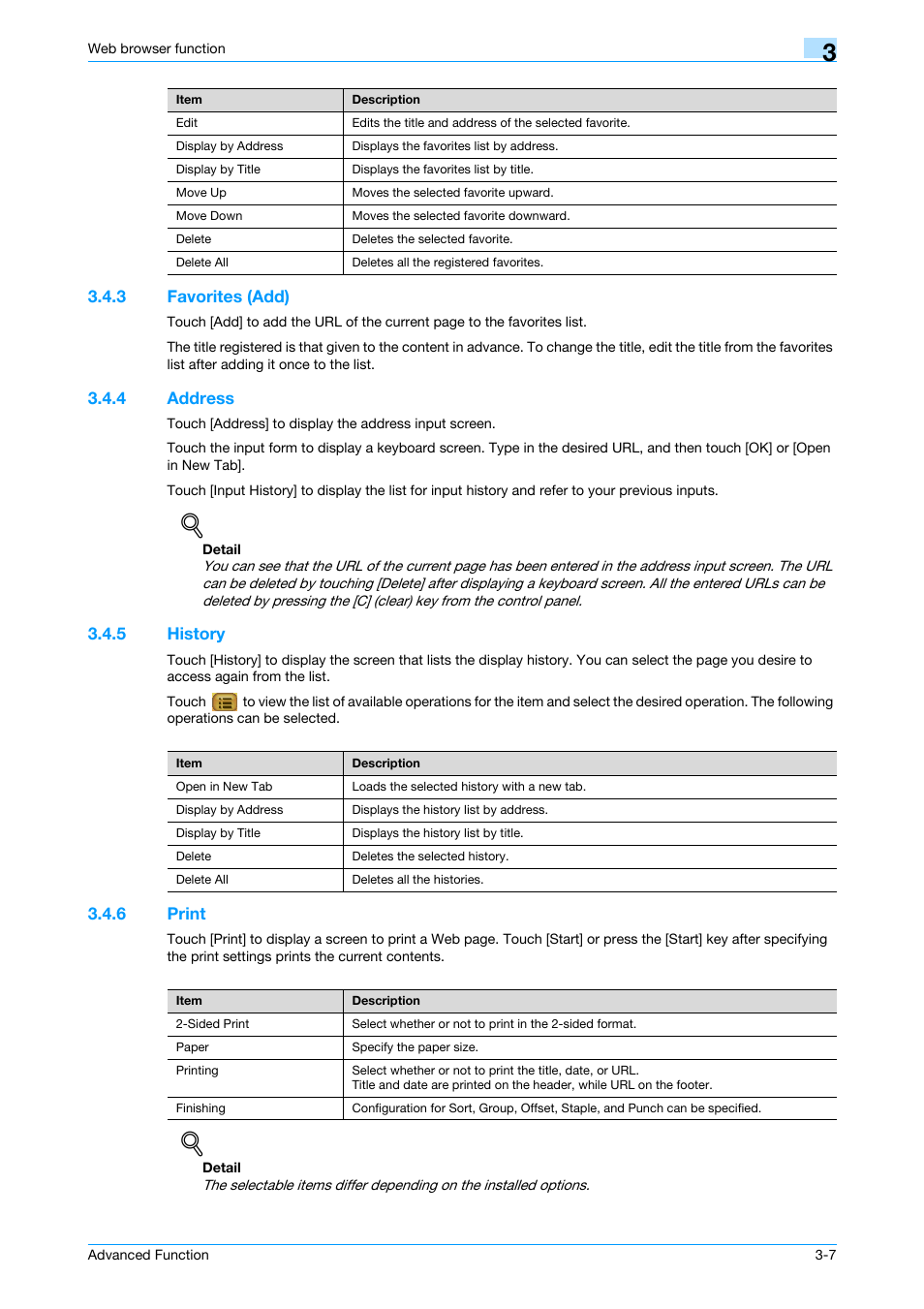 3 favorites (add), 4 address, 5 history | 6 print, Favorites (add) -7, Address -7, History -7, Print -7 | Konica Minolta bizhub 361 User Manual | Page 21 / 84