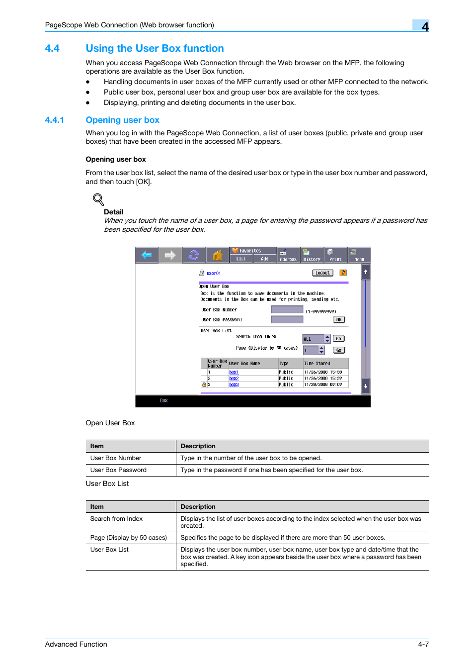 4 using the user box function, 1 opening user box, Opening user box | Using the user box function -7, Opening user box -7 opening user box -7 | Konica Minolta bizhub 361 User Manual | Page 32 / 84