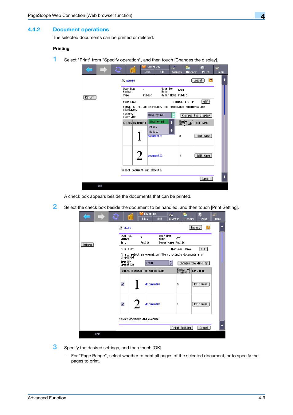 2 document operations, Printing, Document operations -9 printing -9 | Konica Minolta bizhub 361 User Manual | Page 34 / 84