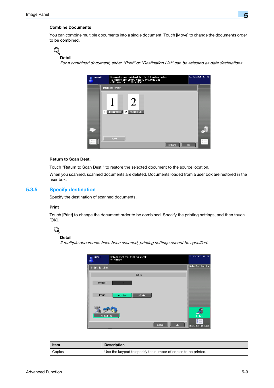 Combine documents, Return to scan dest, 5 specify destination | Print, Combine documents -9 return to scan dest -9, Specify destination -9 print -9 | Konica Minolta bizhub 361 User Manual | Page 45 / 84