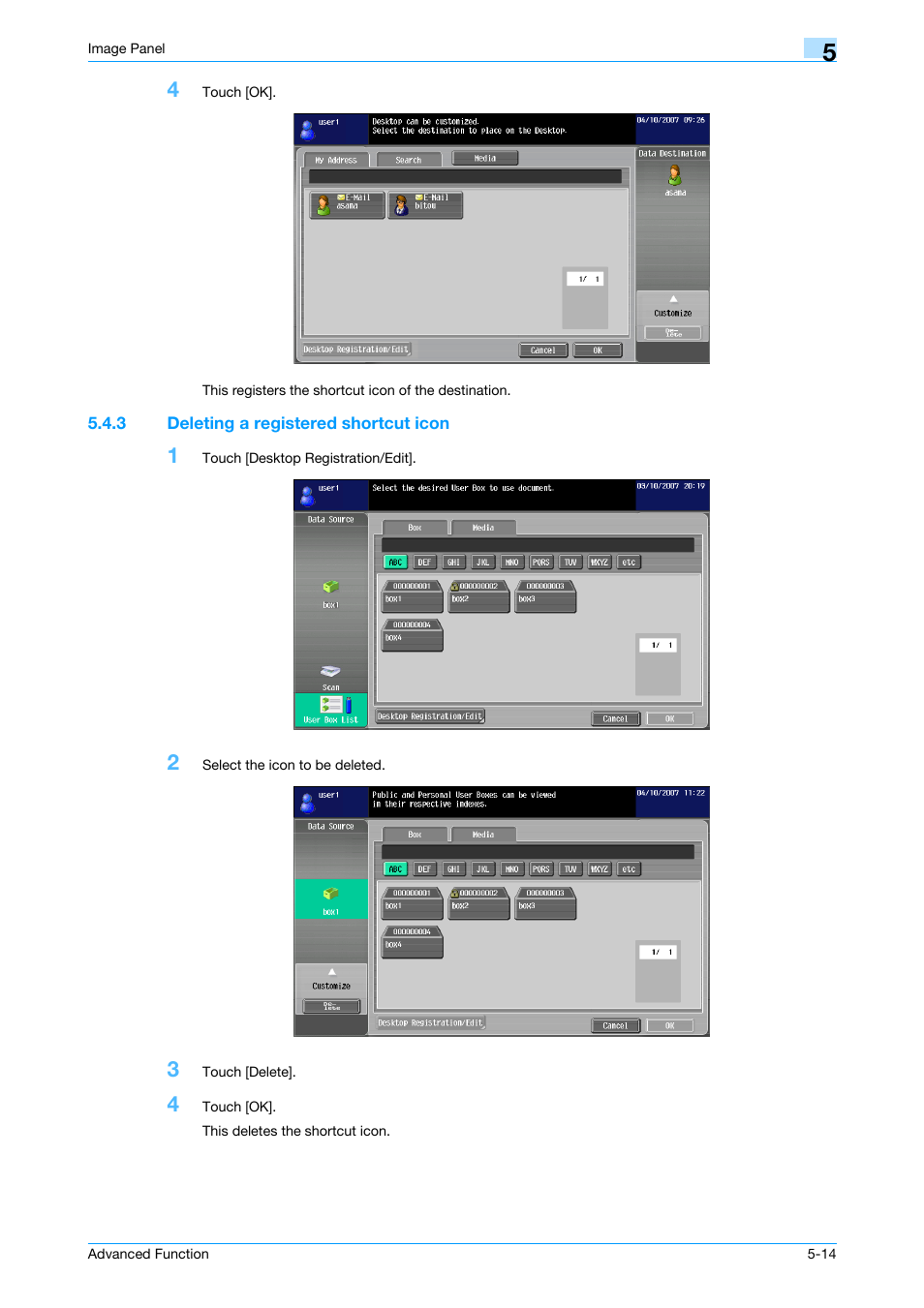 3 deleting a registered shortcut icon, Deleting a registered shortcut icon -14 | Konica Minolta bizhub 361 User Manual | Page 50 / 84