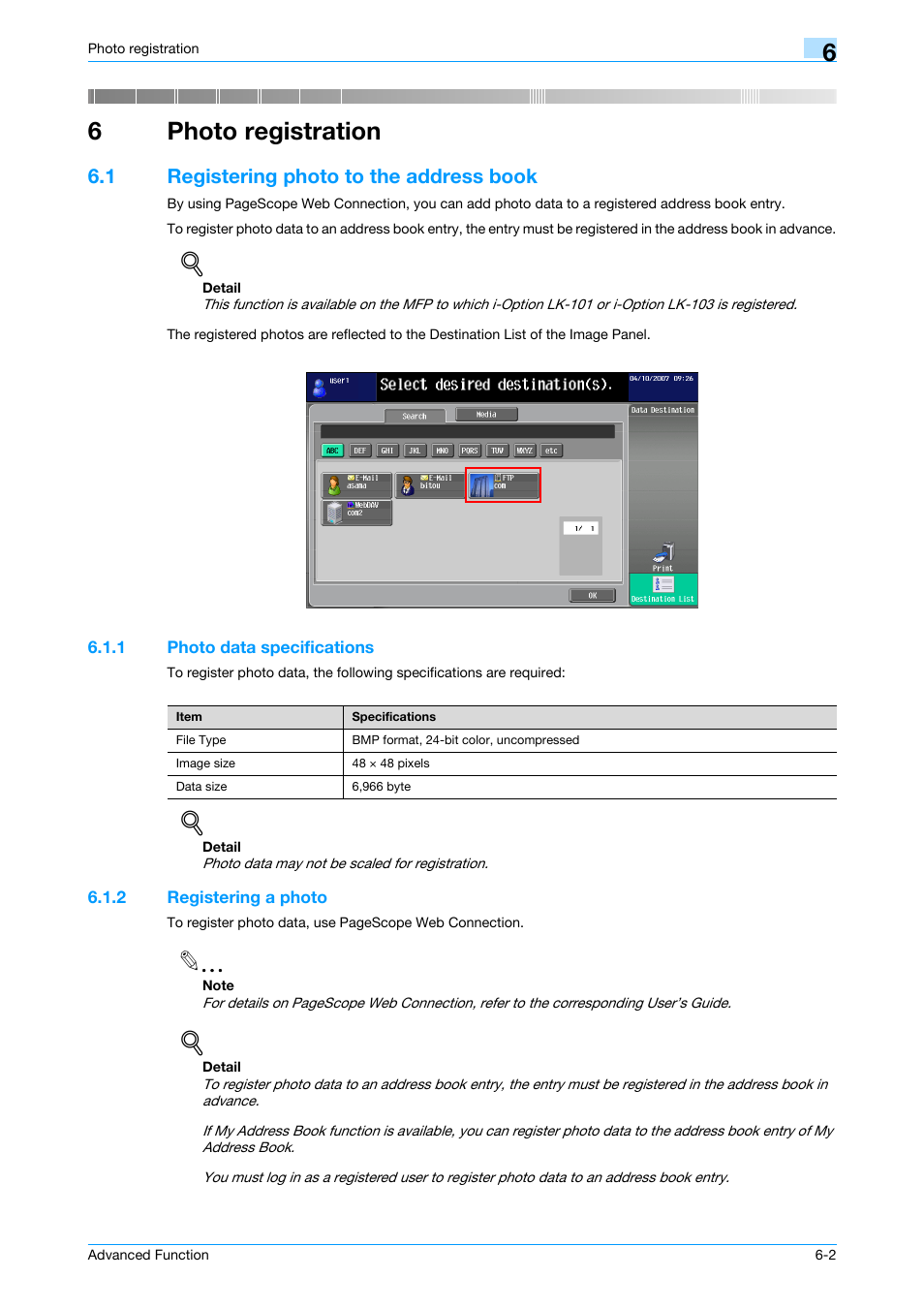 6 photo registration, 1 registering photo to the address book, 1 photo data specifications | 2 registering a photo, Photo registration, Registering photo to the address book -2, Photo data specifications -2, Registering a photo -2, Chapter 6 photo registration, 6photo registration | Konica Minolta bizhub 361 User Manual | Page 52 / 84