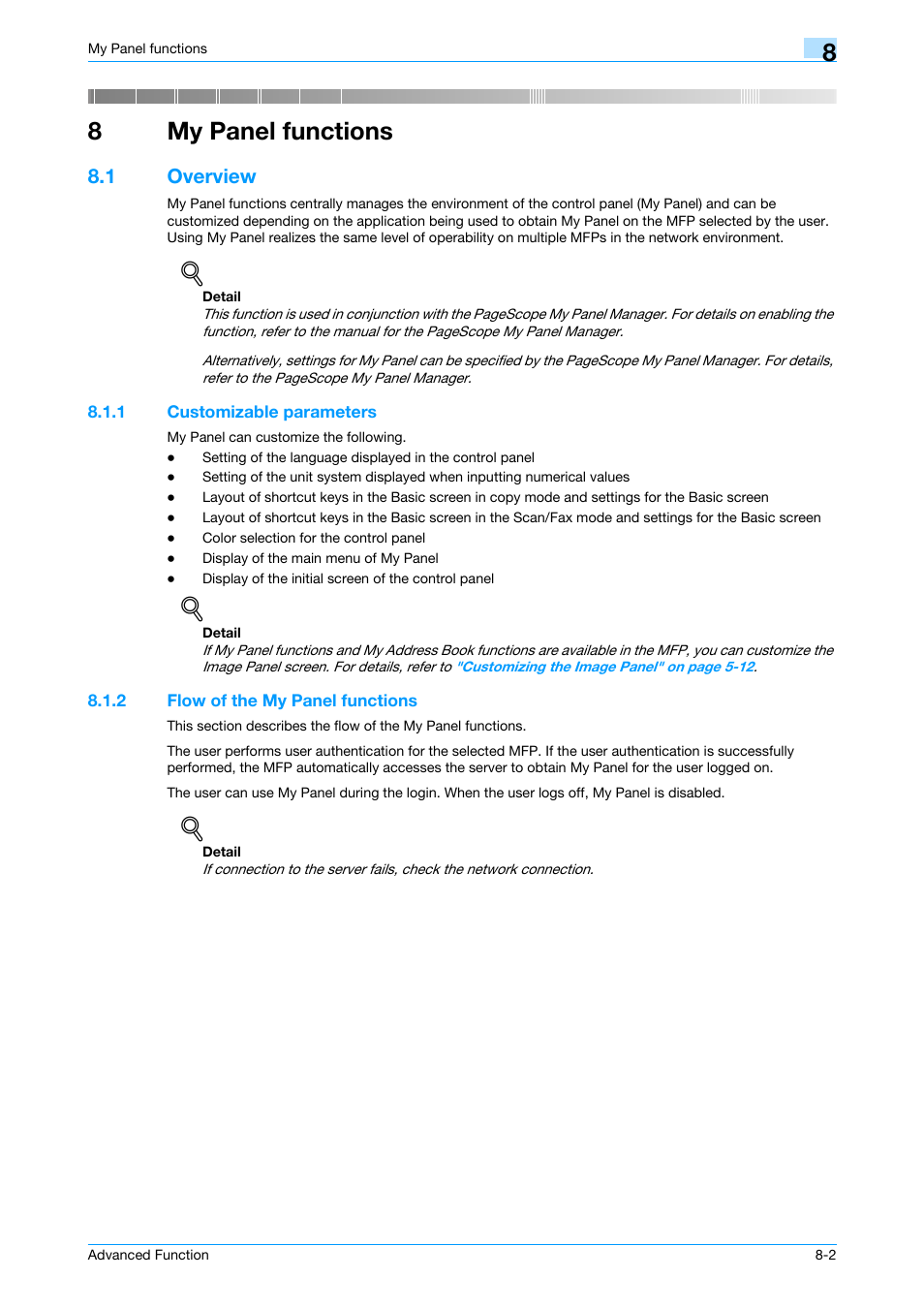 8 my panel functions, 1 overview, 1 customizable parameters | 2 flow of the my panel functions, My panel functions, Overview -2, Customizable parameters -2, Flow of the my panel functions -2, 8my panel functions | Konica Minolta bizhub 361 User Manual | Page 62 / 84