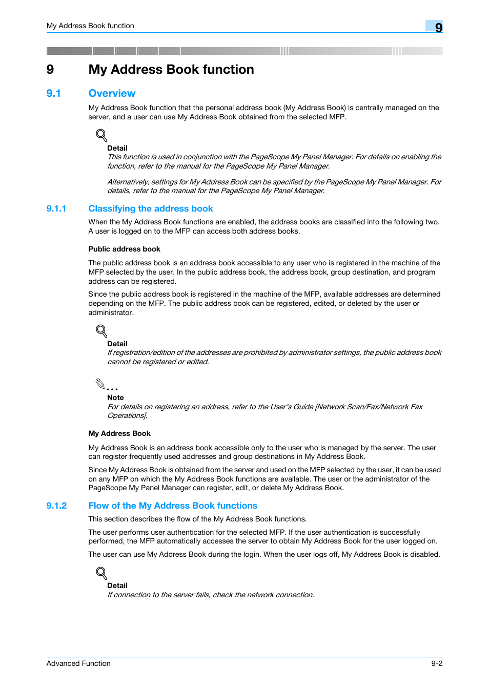 9 my address book function, 1 overview, 1 classifying the address book | Public address book, My address book, 2 flow of the my address book functions, My address book function, Overview -2, Flow of the my address book functions -2, Chapter 9 my address book function | Konica Minolta bizhub 361 User Manual | Page 73 / 84