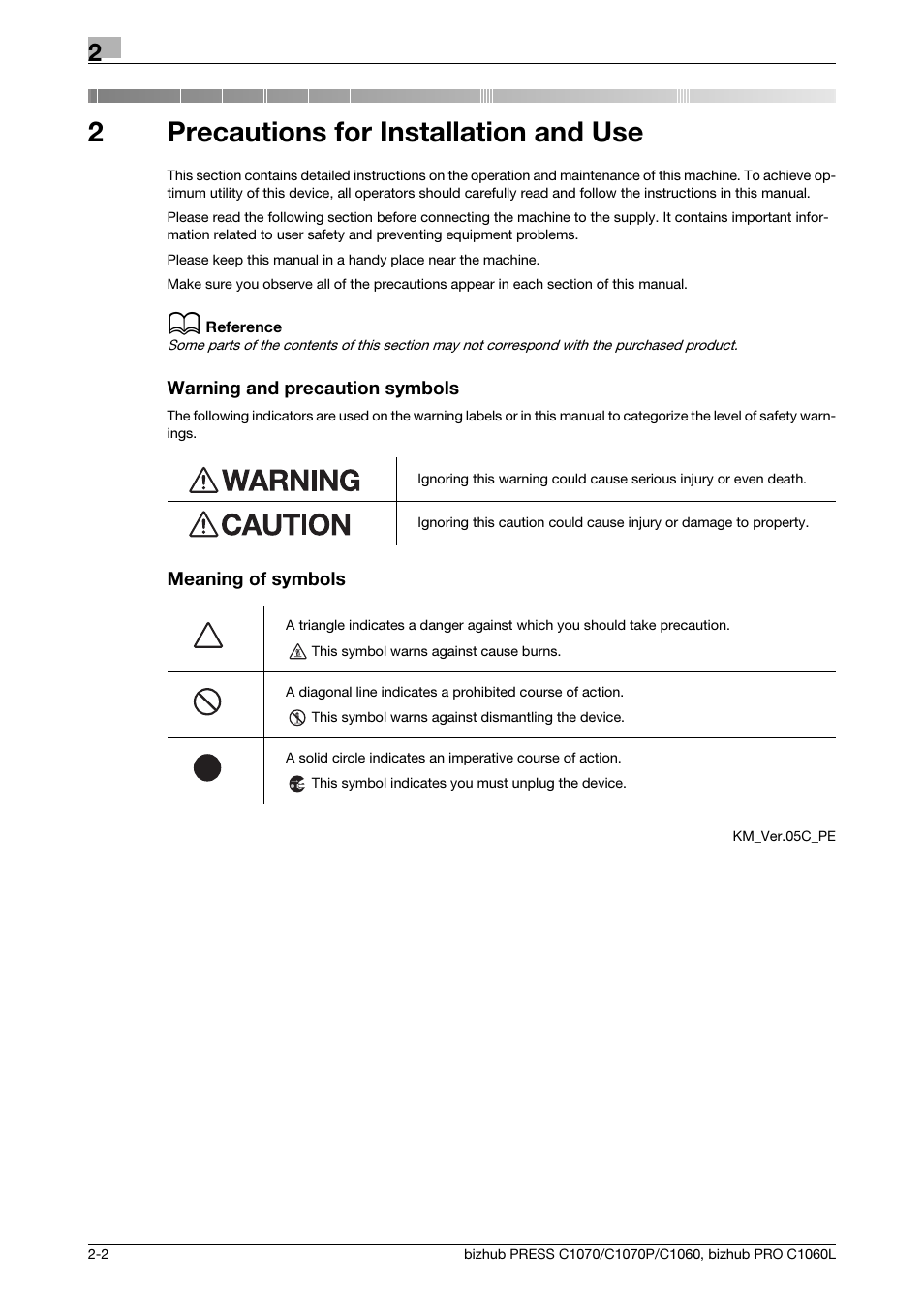 2 precautions for installation and use, Precautions for installation and use, 2precautions for installation and use | Konica Minolta bizhub PRESS C1070 User Manual | Page 10 / 60