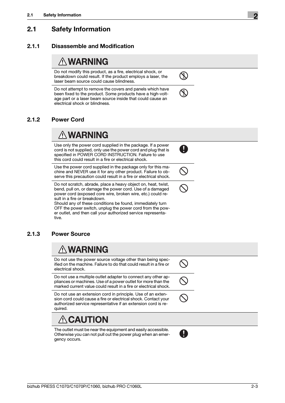 1 safety information, 1 disassemble and modification, 2 power cord | 3 power source, Safety information -3, Disassemble and modification -3, Power cord -3, Power source -3 | Konica Minolta bizhub PRESS C1070 User Manual | Page 11 / 60