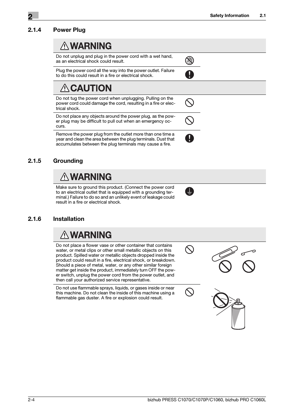 4 power plug, 5 grounding, 6 installation | Power plug -4, Grounding -4, Installation -4 | Konica Minolta bizhub PRESS C1070 User Manual | Page 12 / 60