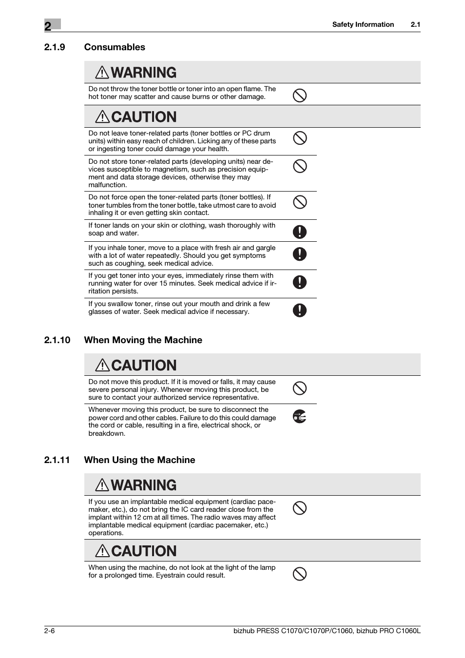 9 consumables, 10 when moving the machine, 11 when using the machine | Consumables -6, When moving the machine -6, When using the machine -6 | Konica Minolta bizhub PRESS C1070 User Manual | Page 14 / 60