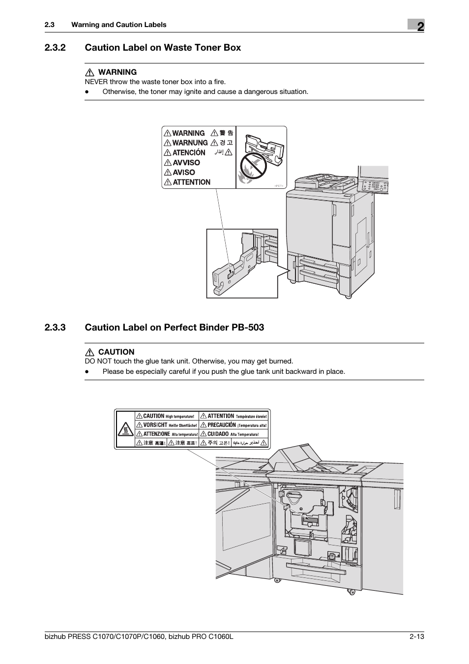 2 caution label on waste toner box, 3 caution label on perfect binder pb-503, Caution label on waste toner box -13 | Caution label on perfect binder pb-503 -13 | Konica Minolta bizhub PRESS C1070 User Manual | Page 21 / 60