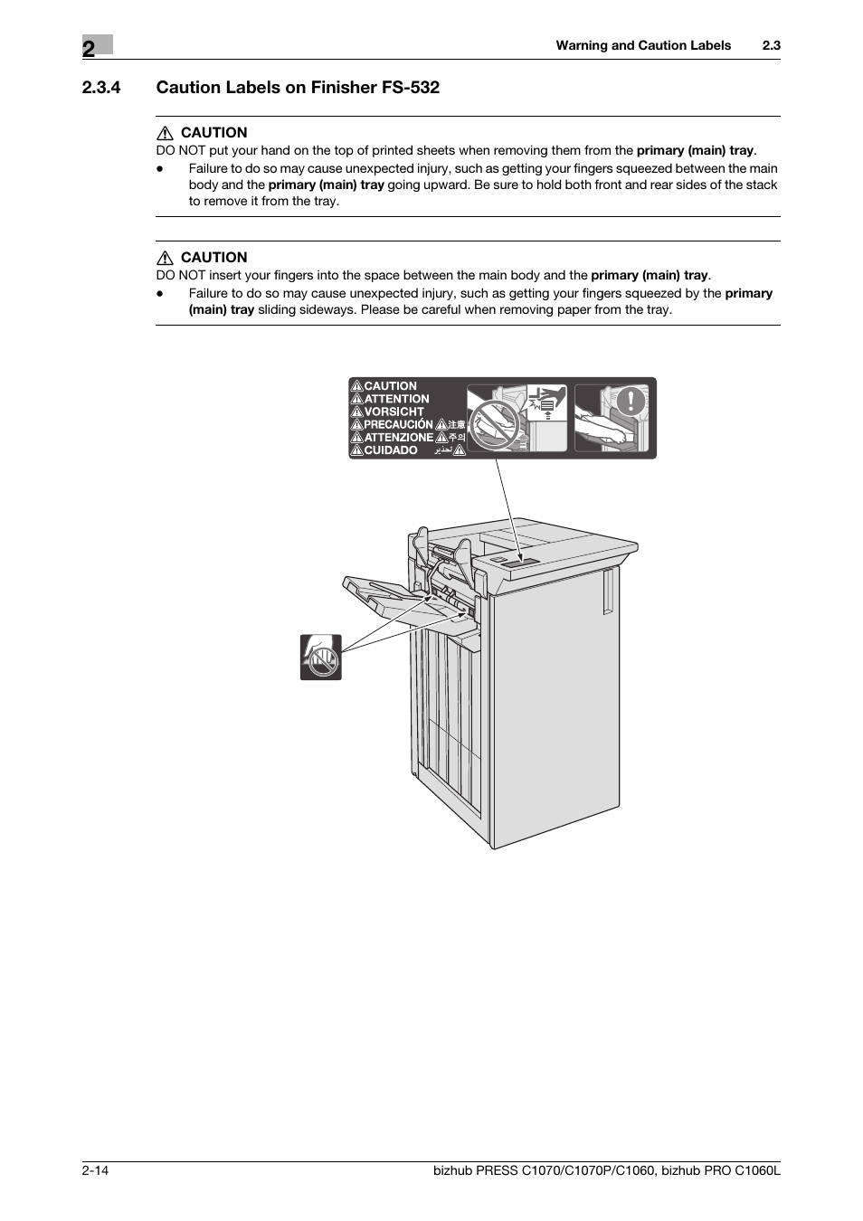 4 caution labels on finisher fs-532, Caution labels on finisher fs-532 -14 | Konica Minolta bizhub PRESS C1070 User Manual | Page 22 / 60