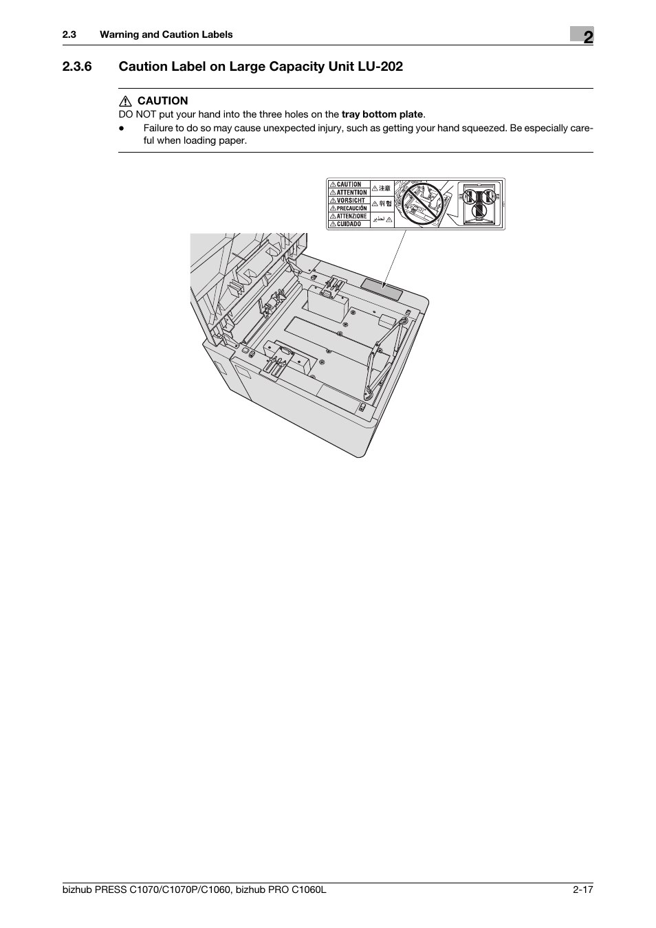 6 caution label on large capacity unit lu-202, Caution label on large capacity unit lu-202 -17 | Konica Minolta bizhub PRESS C1070 User Manual | Page 25 / 60