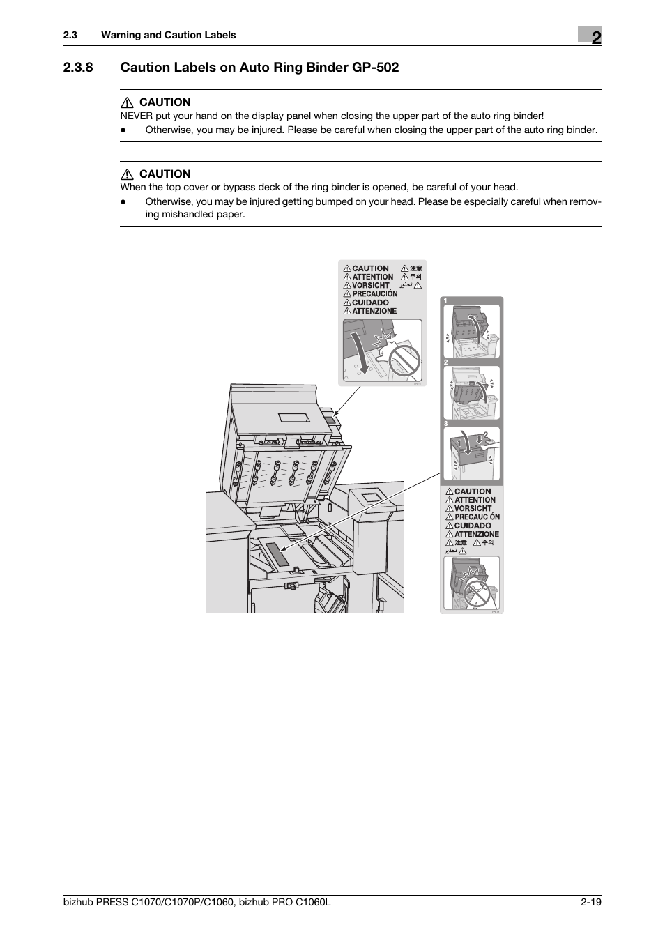 8 caution labels on auto ring binder gp-502, Caution labels on auto ring binder gp-502 -19 | Konica Minolta bizhub PRESS C1070 User Manual | Page 27 / 60