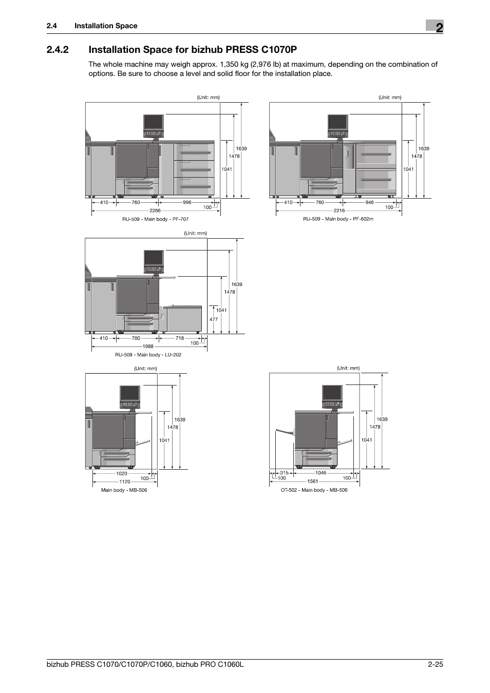 2 installation space for bizhub press c1070p, Installation space for bizhub press c1070p -25 | Konica Minolta bizhub PRESS C1070 User Manual | Page 33 / 60