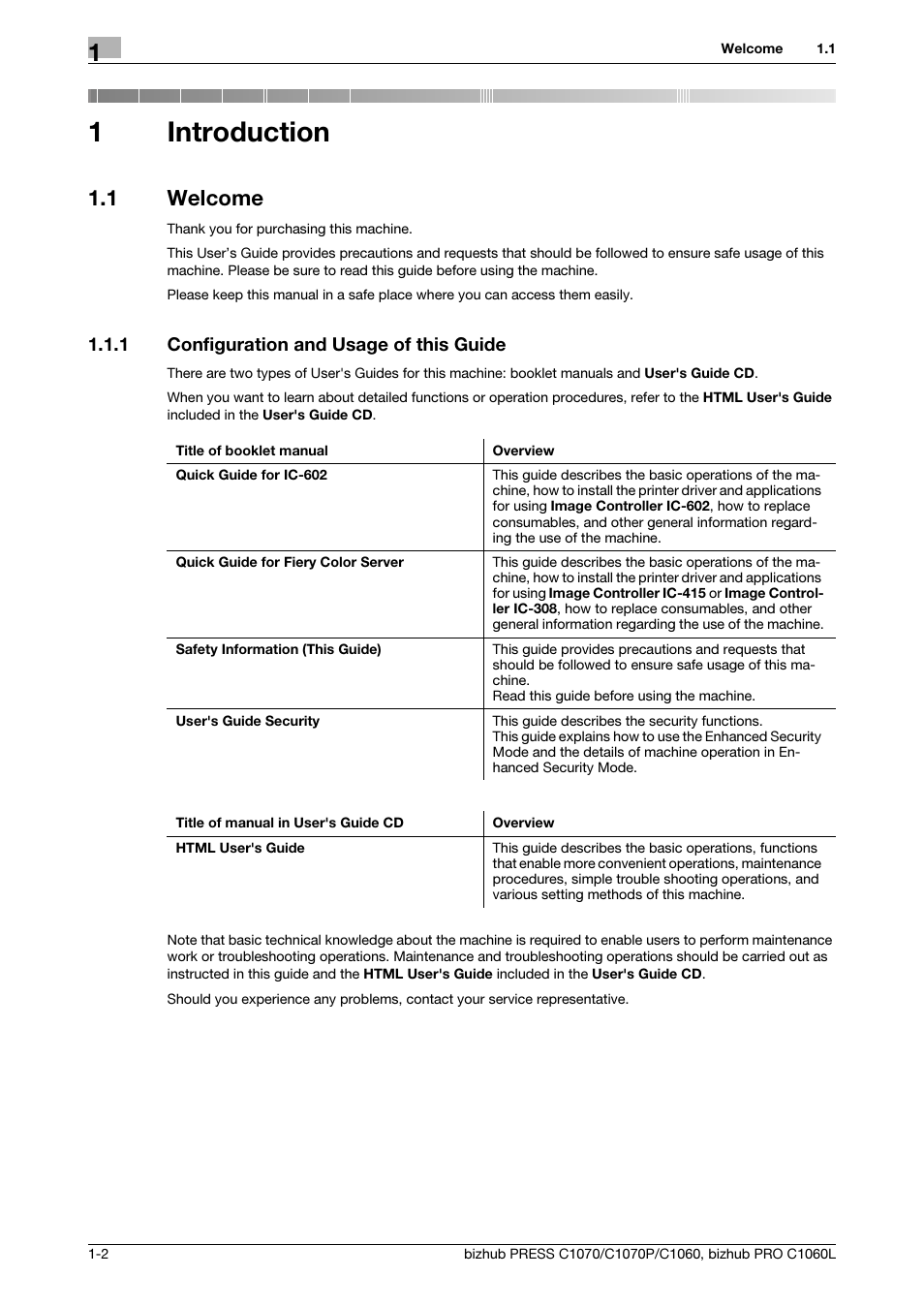 1 introduction, 1 welcome, 1 configuration and usage of this guide | Introduction, Welcome -2, Configuration and usage of this guide -2, 1introduction | Konica Minolta bizhub PRESS C1070 User Manual | Page 6 / 60