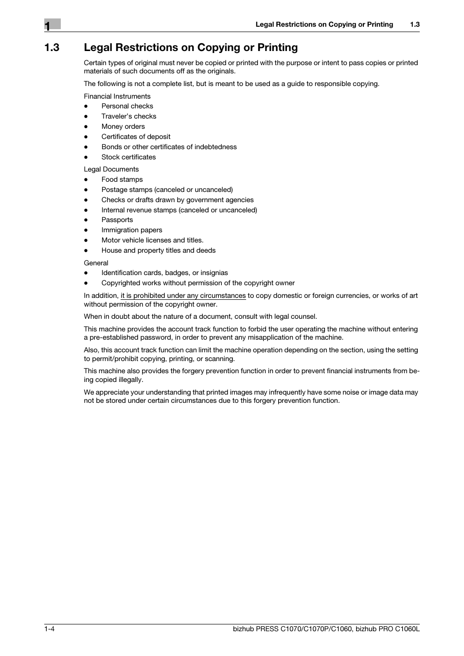 3 legal restrictions on copying or printing, Legal restrictions on copying or printing -4 | Konica Minolta bizhub PRESS C1070 User Manual | Page 8 / 60