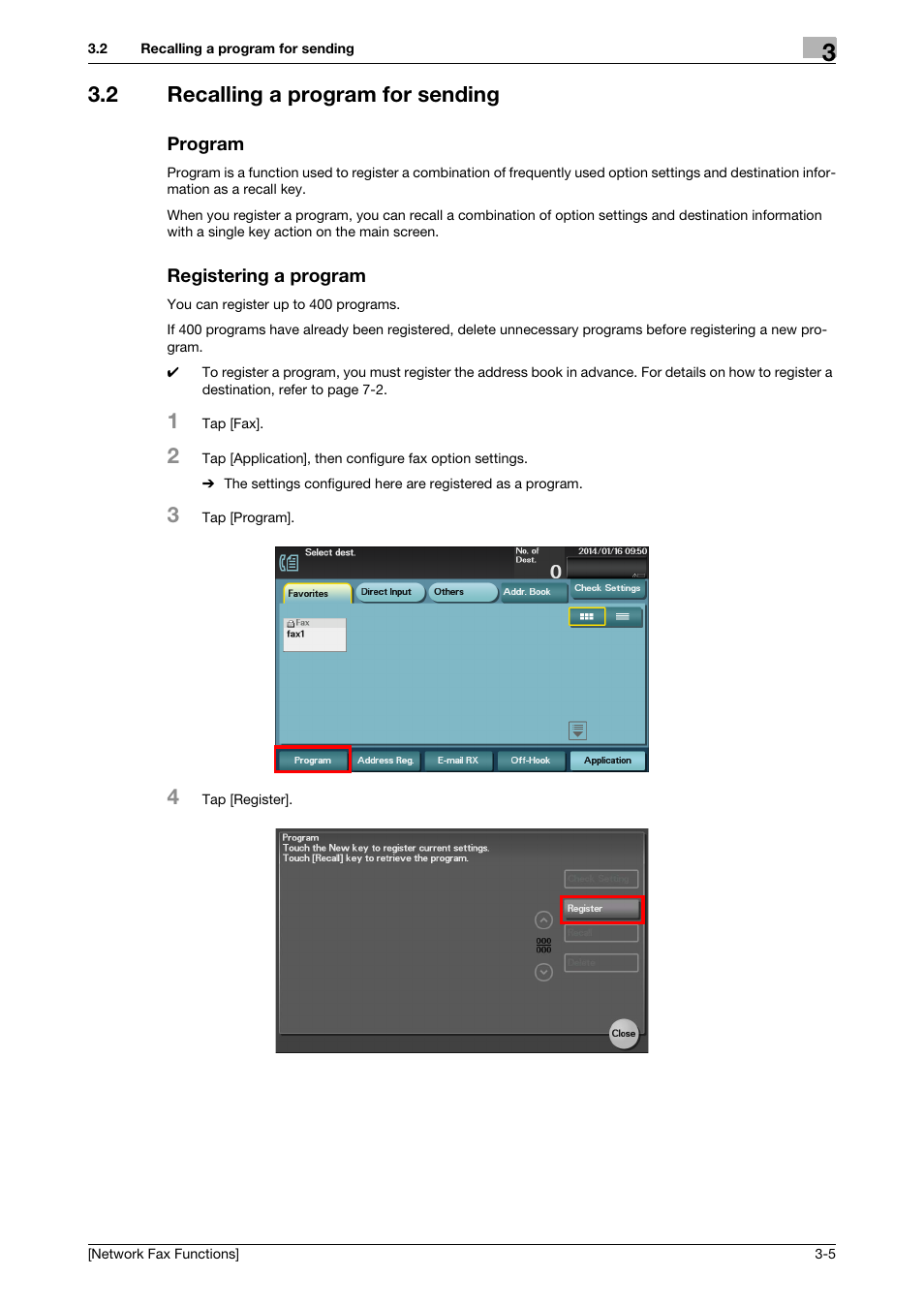 2 recalling a program for sending, Program, Registering a program | Konica Minolta bizhub 4050 User Manual | Page 14 / 42