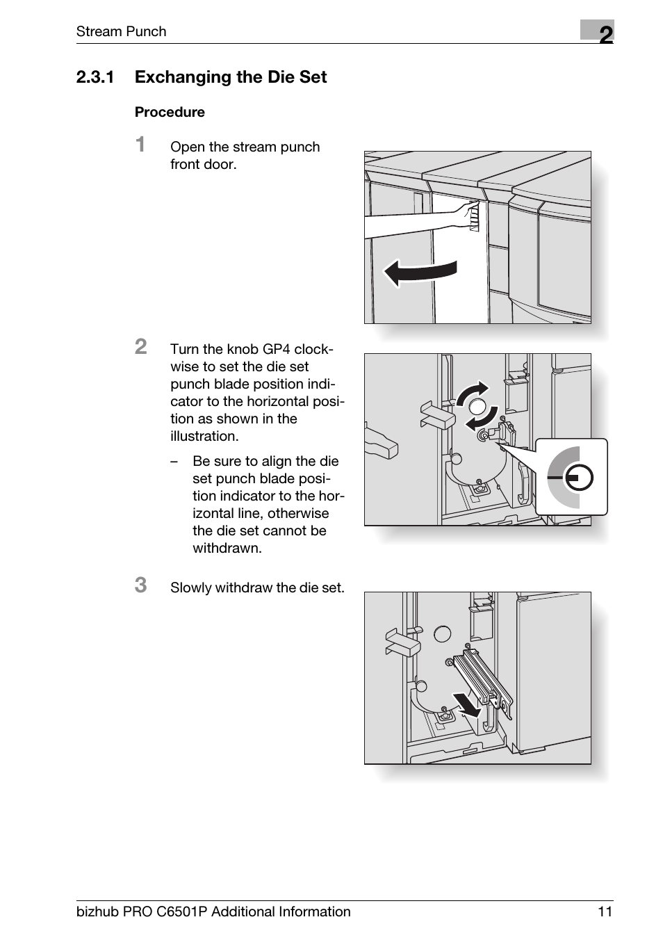 1 exchanging the die set, Exchanging the die set | Konica Minolta GP-501 User Manual | Page 15 / 24