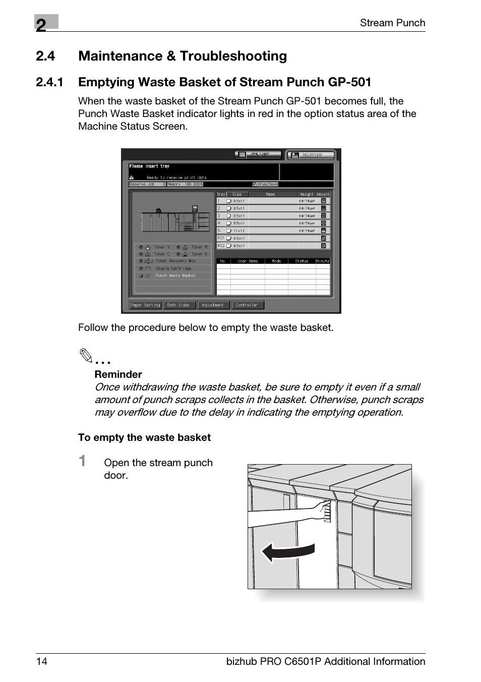 4 maintenance & troubleshooting, 1 emptying waste basket of stream punch gp-501, Maintenance & troubleshooting | Emptying waste basket of stream punch gp-501 | Konica Minolta GP-501 User Manual | Page 18 / 24