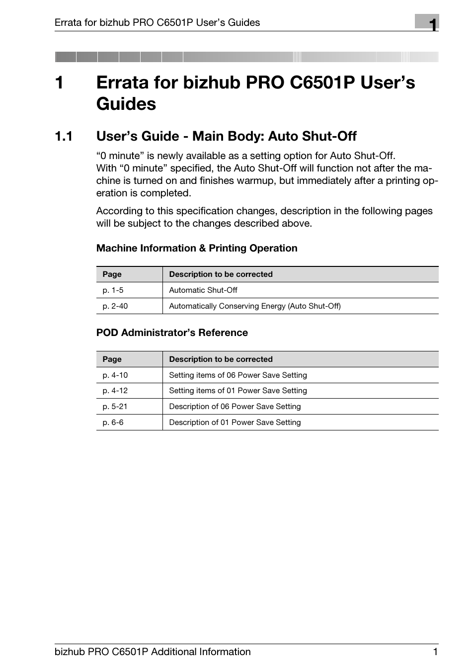 1 errata for bizhub pro c6501p user’s guides, 1 user’s guide - main body: auto shut-off, Errata for bizhub pro c6501p user’s guides | User’s guide - main body: auto shut-off | Konica Minolta GP-501 User Manual | Page 5 / 24