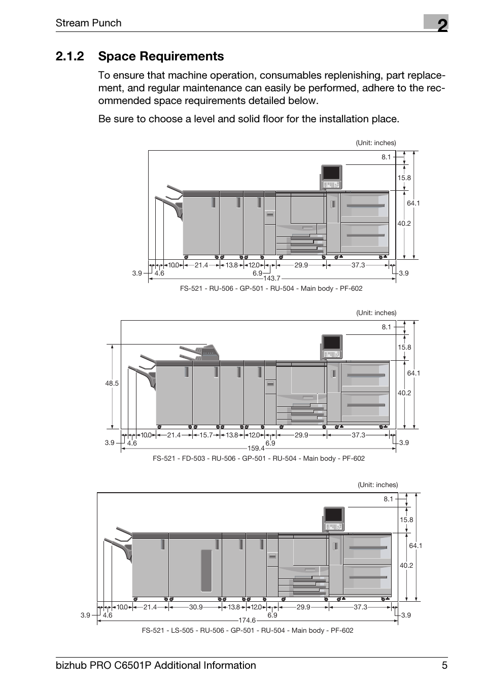 2 space requirements, Space requirements, Stream punch | Konica Minolta GP-501 User Manual | Page 9 / 24