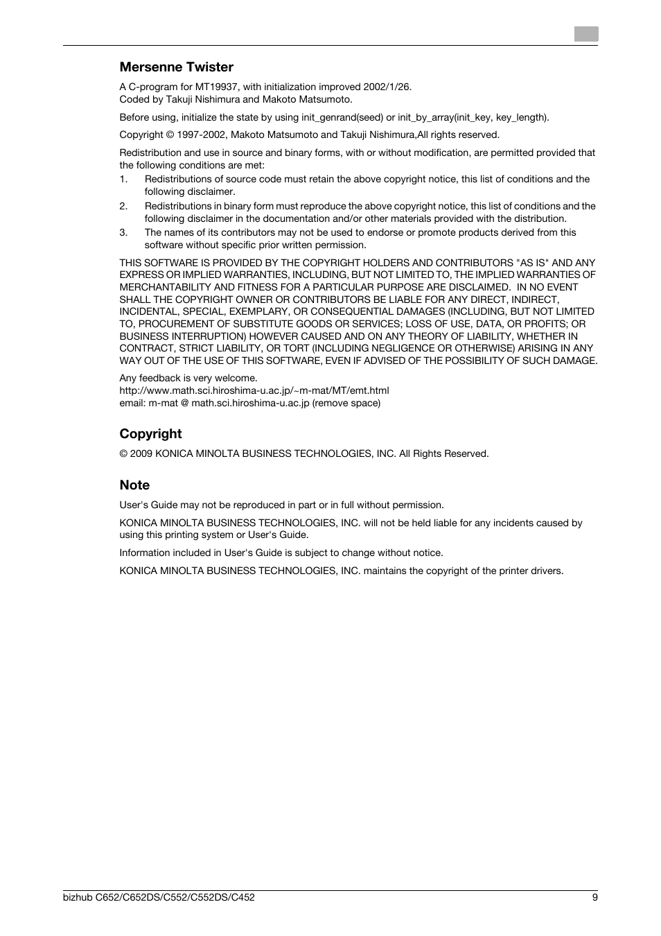 Mersenne twister, Copyright, Note | Konica Minolta BIZHUB C652DS User Manual | Page 10 / 18
