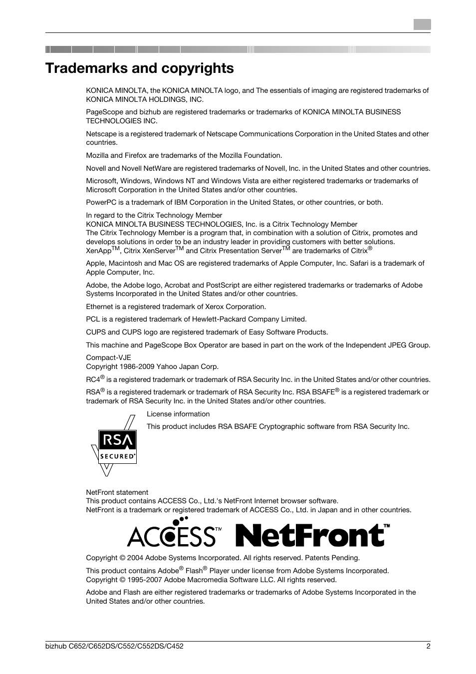 Trademarks and copyrights | Konica Minolta BIZHUB C652DS User Manual | Page 3 / 18
