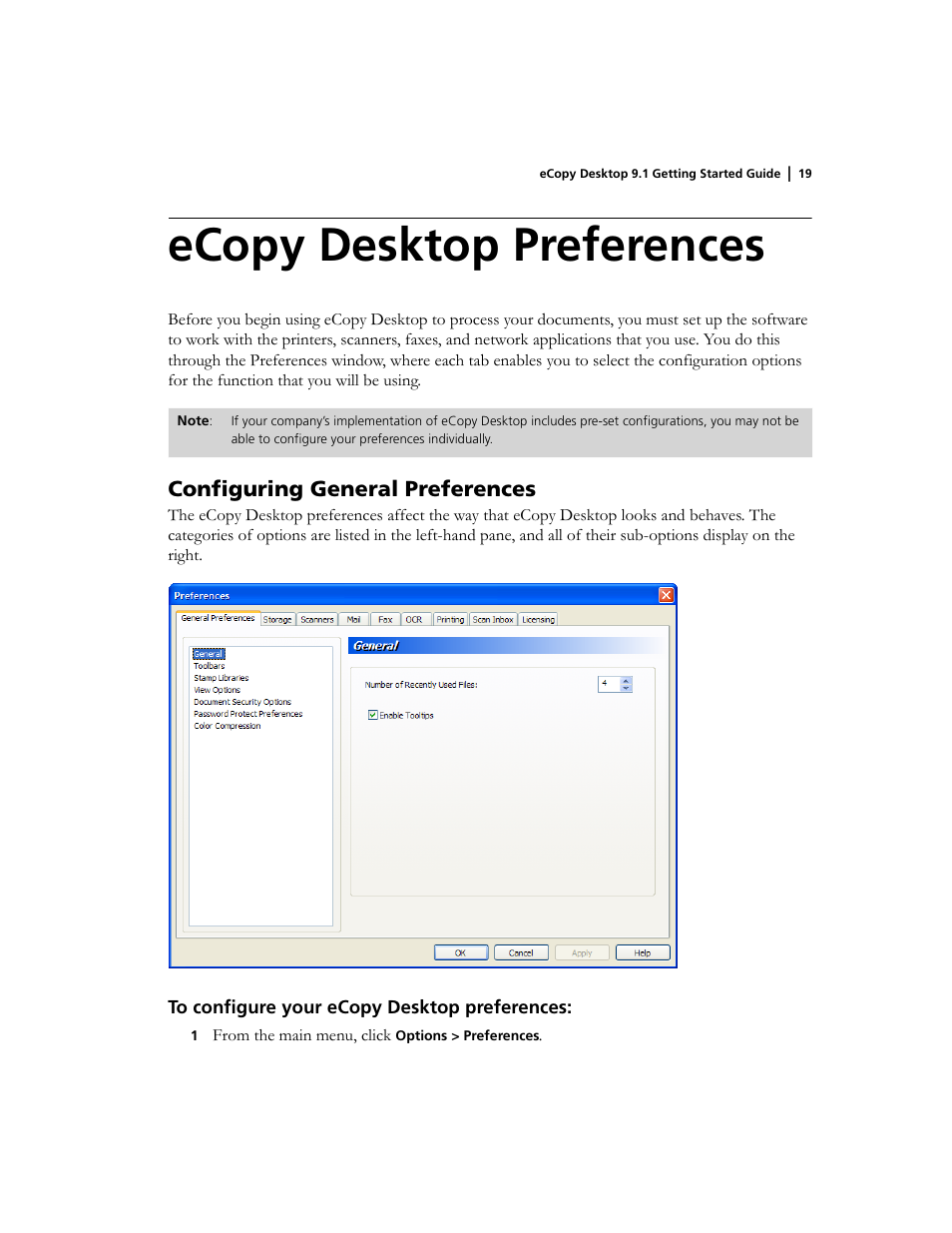 Ecopy desktop preferences, Configuring general preferences | Konica Minolta eCopy User Manual | Page 23 / 34