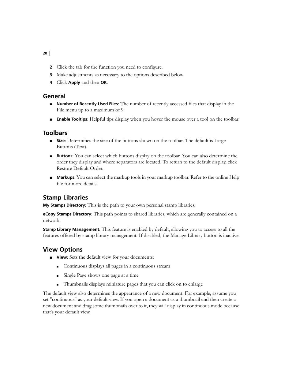 General, Toolbars, Stamp libraries | View options | Konica Minolta eCopy User Manual | Page 24 / 34