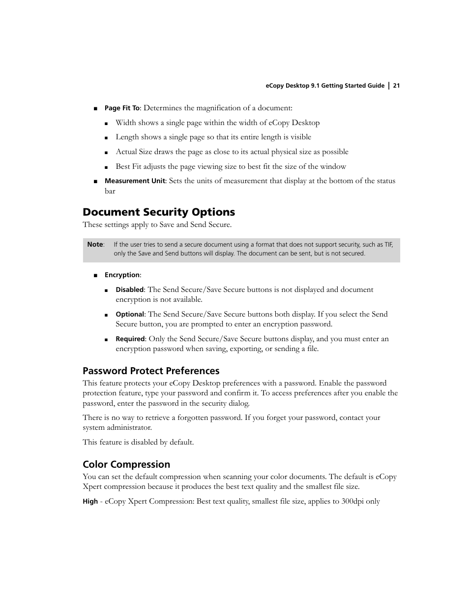 Document security options, Password protect preferences, Color compression | Konica Minolta eCopy User Manual | Page 25 / 34