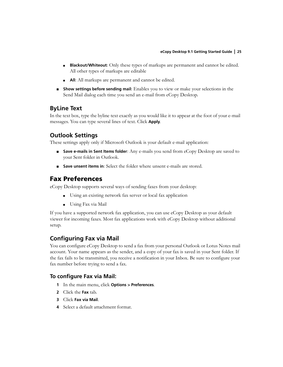Byline text, Outlook settings, Fax preferences | Configuring fax via mail | Konica Minolta eCopy User Manual | Page 29 / 34
