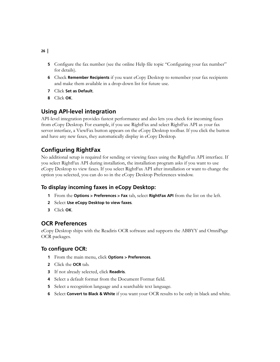 Using api-level integration, Configuring rightfax, Ocr preferences | Konica Minolta eCopy User Manual | Page 30 / 34