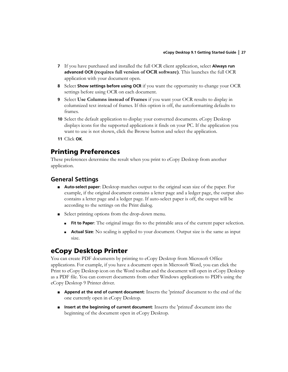 Printing preferences, General settings, Ecopy desktop printer | Konica Minolta eCopy User Manual | Page 31 / 34