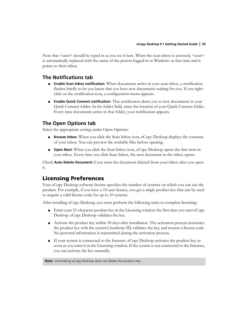 The notifications tab, The open options tab, Licensing preferences | Konica Minolta eCopy User Manual | Page 33 / 34