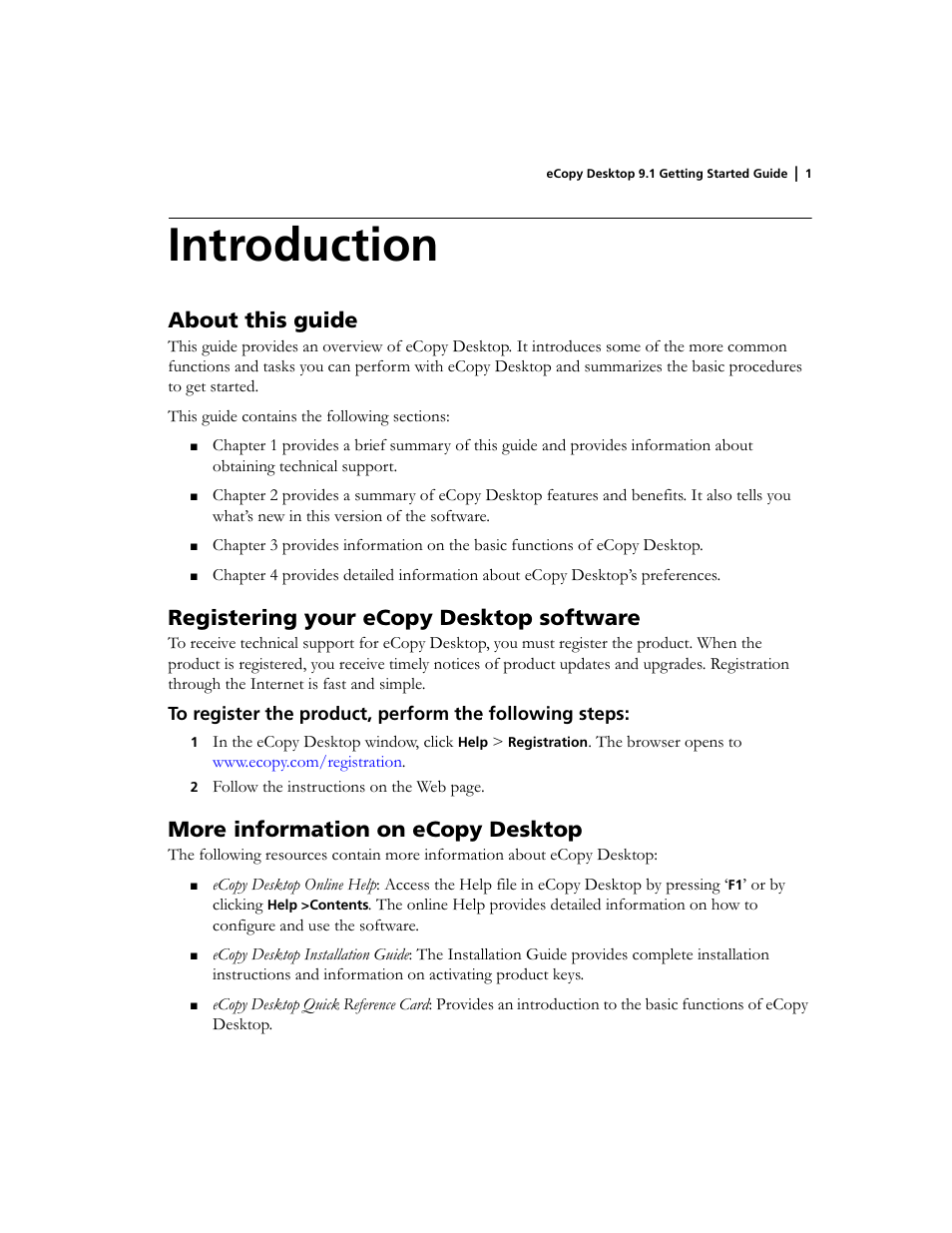 Introduction, About this guide, Registering your ecopy desktop software | More information on ecopy desktop | Konica Minolta eCopy User Manual | Page 5 / 34