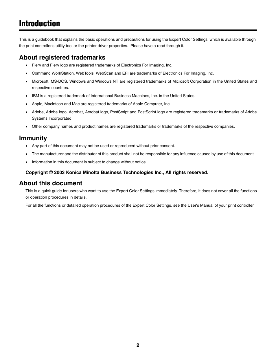 Introduction, About registered trademarks, Immunity | About this document | Konica Minolta bizhub PRO C500 User Manual | Page 2 / 14