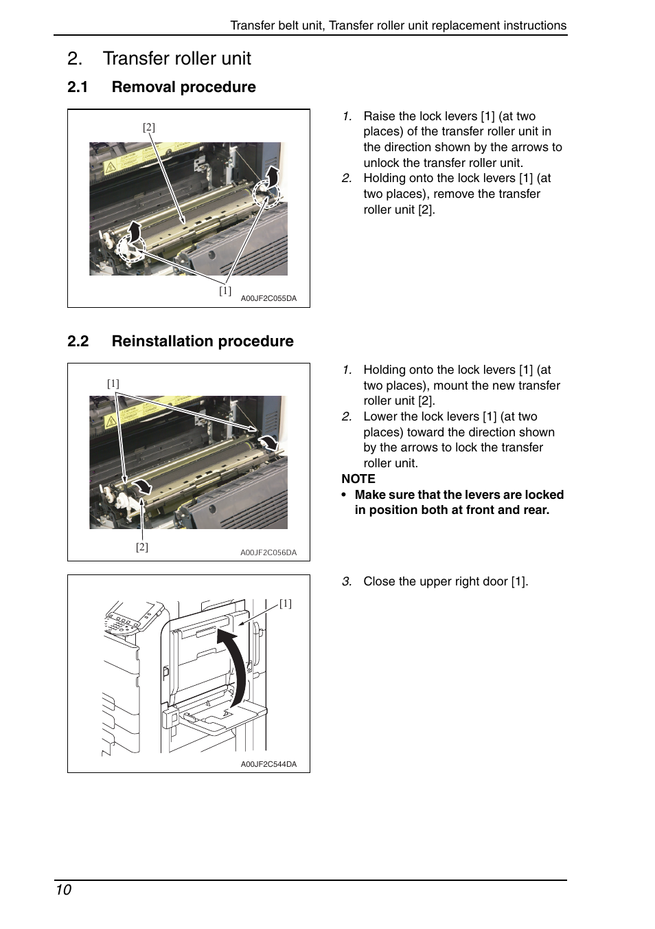 Transfer roller unit, 1 removal procedure, 2 reinstallation procedure | Konica Minolta bizhub C650 User Manual | Page 34 / 37