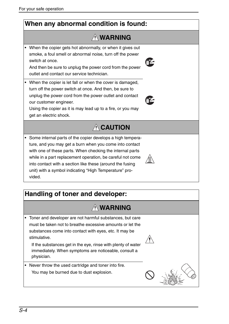 When any abnormal condition is found: warning, Caution, Handling of toner and developer: warning | Konica Minolta bizhub C650 User Manual | Page 7 / 37