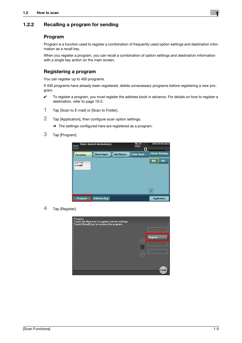 2 recalling a program for sending, Program, Registering a program | Konica Minolta bizhub 4750 User Manual | Page 10 / 102